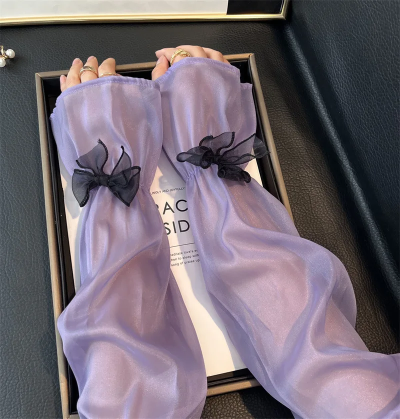 Women UV Protection Arm Sleeves Sheer Bowknot Loose Fairy Style Driving Flared Cuff Kawaii Breathable Thin Daily Wear Arm Covers image 5