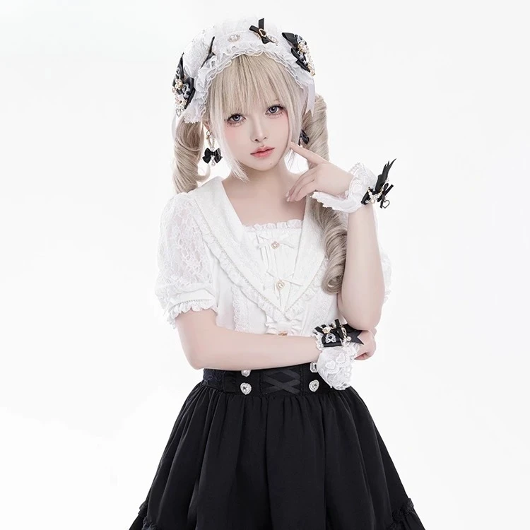 Summer New Japanese Sweet Cute Girl Blouse Lace Sailor Collar Short Sleeve Shirt Solid Color Bow Versatile Tops for Women