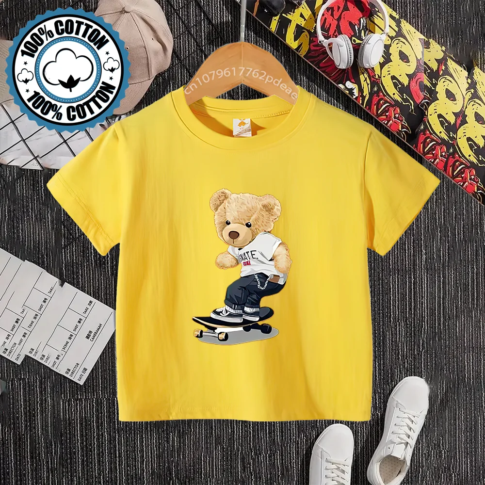 Kids Summer Creative Skateboard Bear Print 100% Cotton T-shirt Boys Girls Comfortable Casual Short sleeve teen top Cotton T-shir