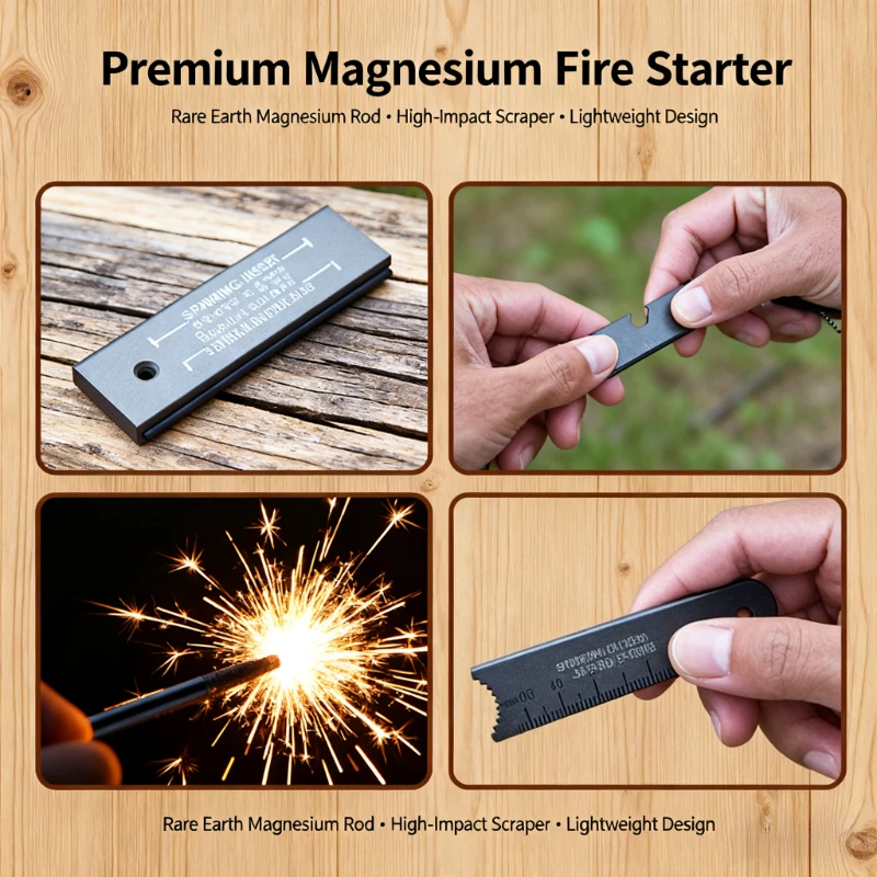 

New American-Style Tactical Magnesium Fire Starter - High-Spark Flint Ignition Rod & Strip, Durable Outdoor Survival Tool for
