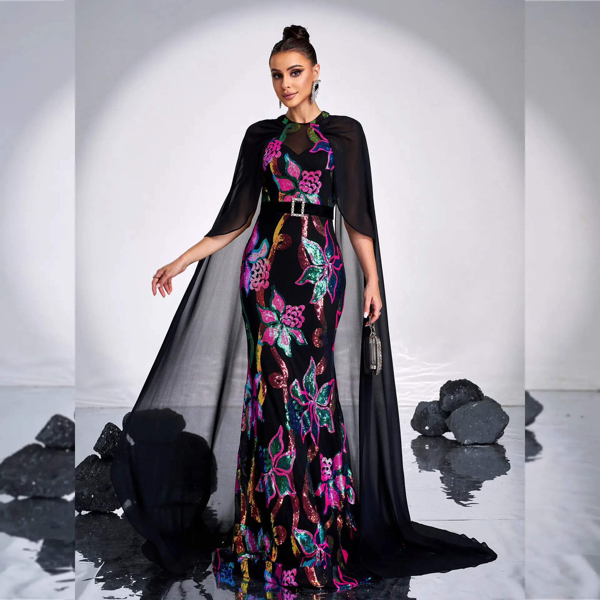 Women Luxury Raglan sleeve Cut Out Flower Sequined Party Maxi Dress Sexy Backless Cocktail Prom Evening Mermaid Vestidos