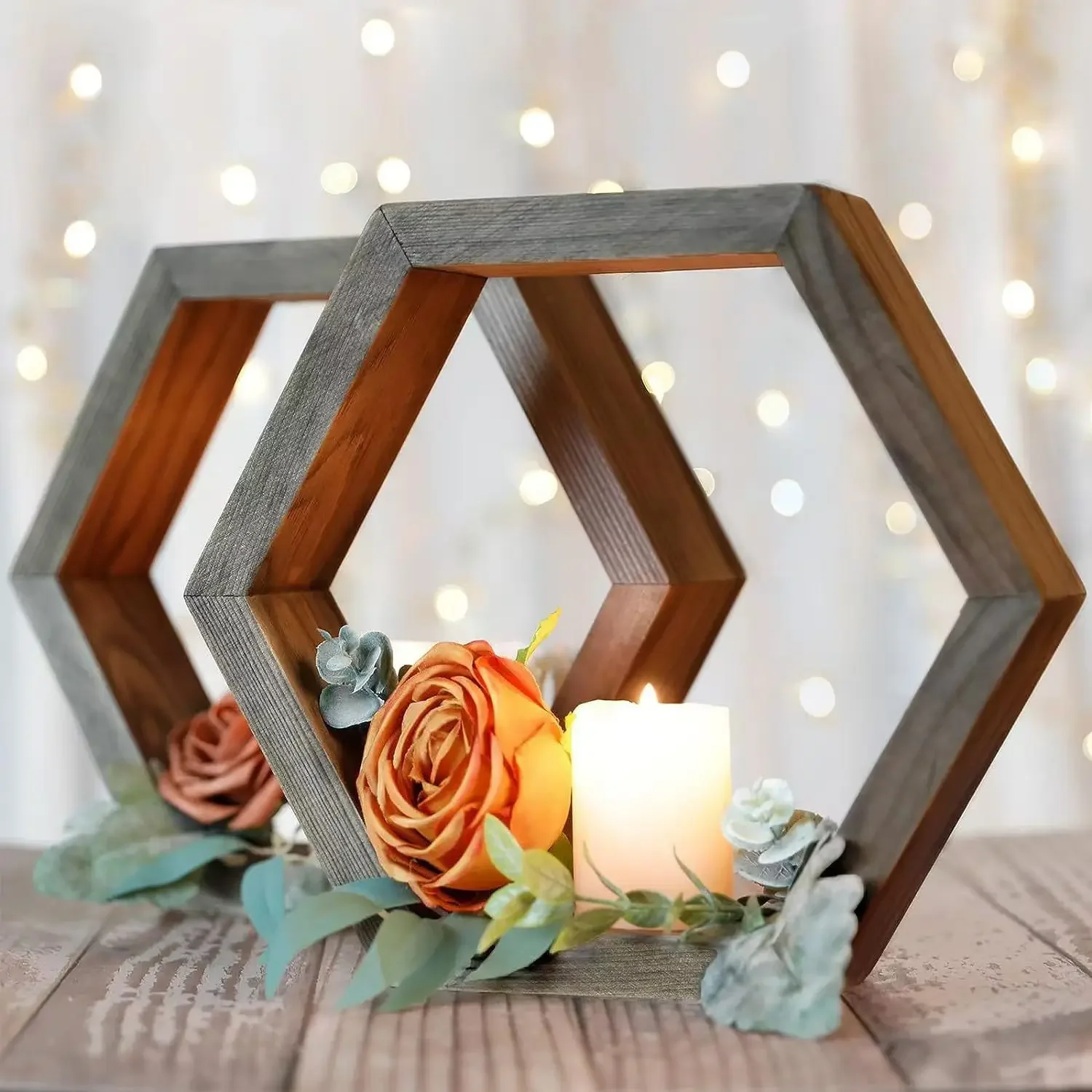New Arrival Wood Hexagonal Wedding Table Ornaments Desktop Decorations Festive Atmosphere Decor Wooden Craft Candle Holders
