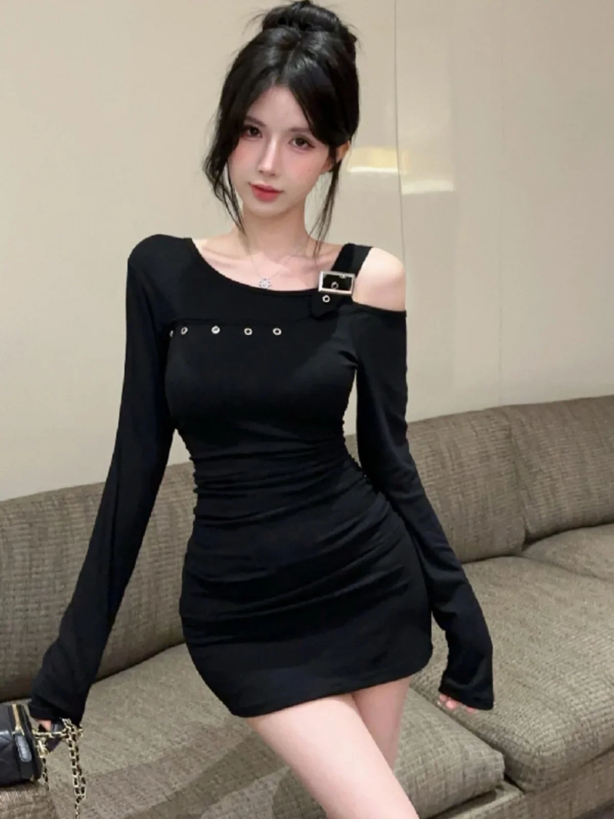 Gagaok Asymmetric Women Dress Hong Kong Style Off Shoulder Bodycon Dresses Spring New Sexy Tight Fitting Slimming Vestidos