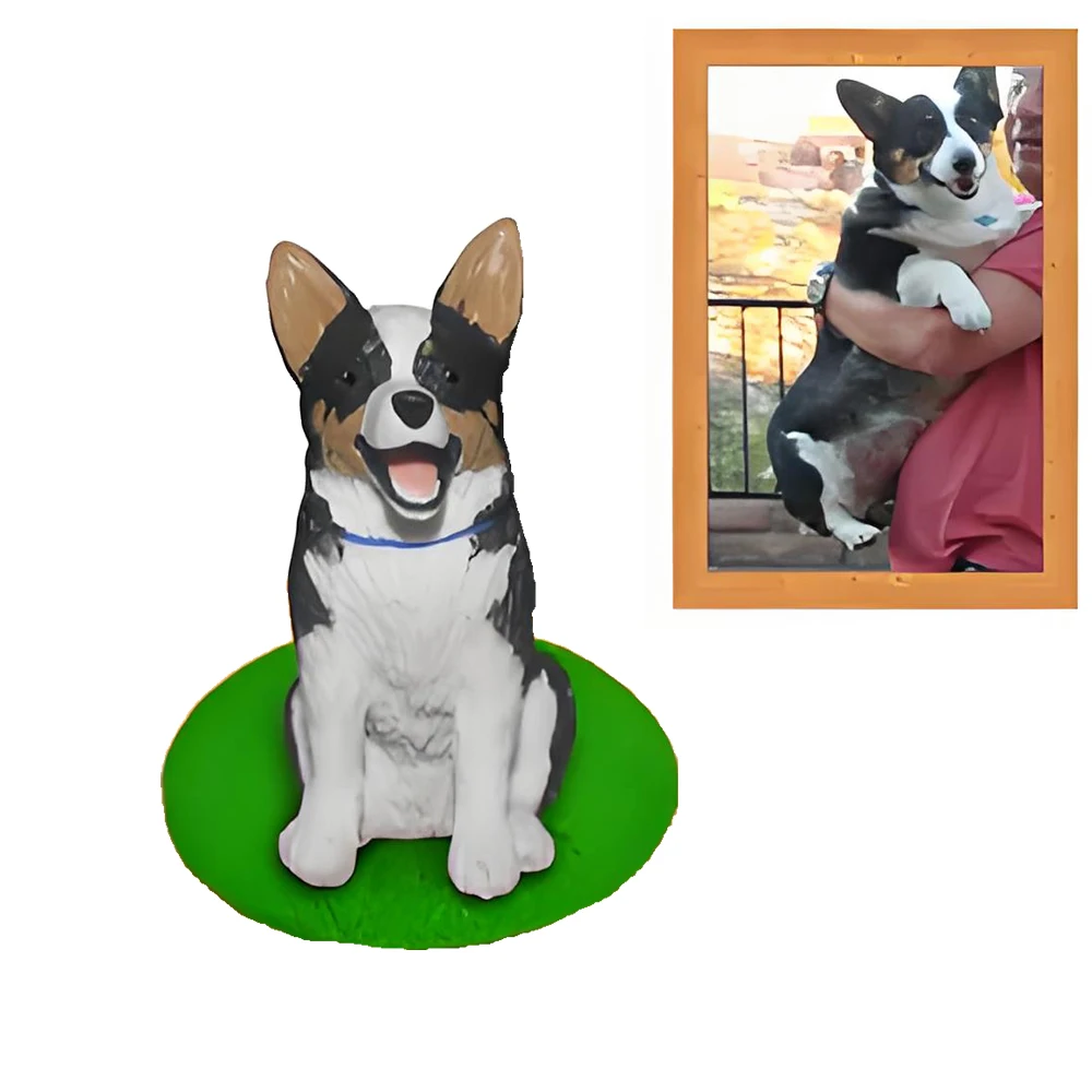 Customized Pet Bobblehead Figurine, Black and White Dog on Green Base,Ideal for Desks,Shelves, Delightful Car Accessory