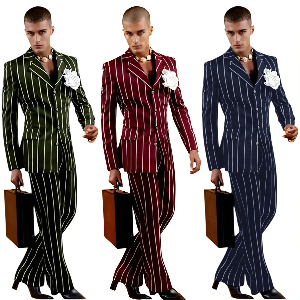 Vintage Men's Striped Suit 2 Pieces Slim Fit Notch Lapel Blazer & Flared Pants Fashion Pinstripe Blazer Trousers Formal Business