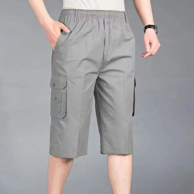 Outdoor Casual Men Cargo Shorts Streetwear Fashion Vintage Elastic Waist Oversize Summer Essentials Solid Big Size Sport Jorts