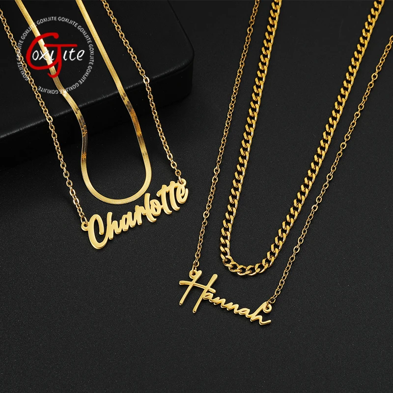 Goxijite-Collar personalizado de doble capa con nombre para mujer, cadena cubana de 2 capas, accesorios de fiesta, regalo