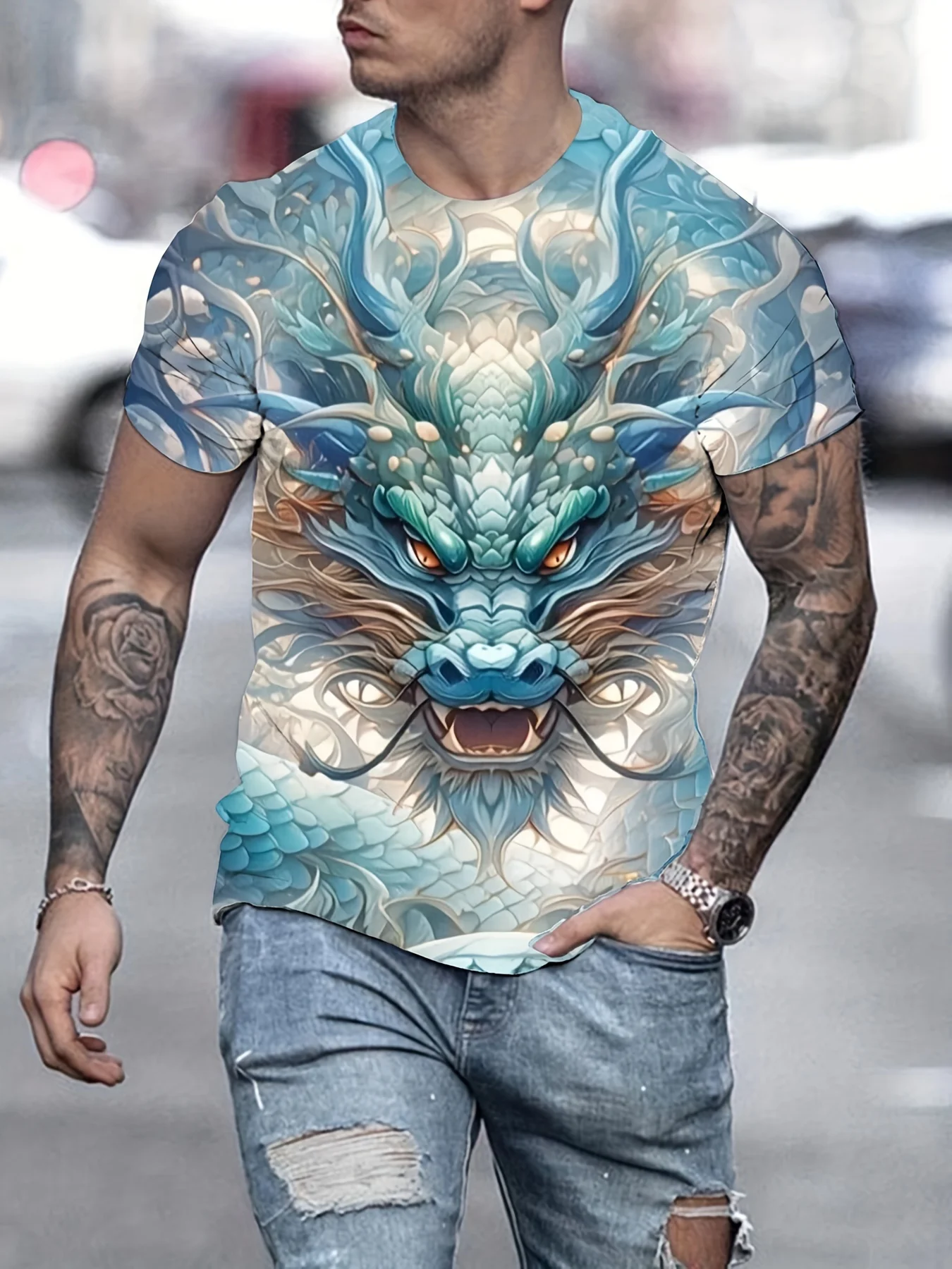 

Chinese Loong Print T Shirt For Men Hip Hop Trend Harajuku Pullover Funny 3D Animal Pattern Loose Top Casual O-neck Short Sleeve