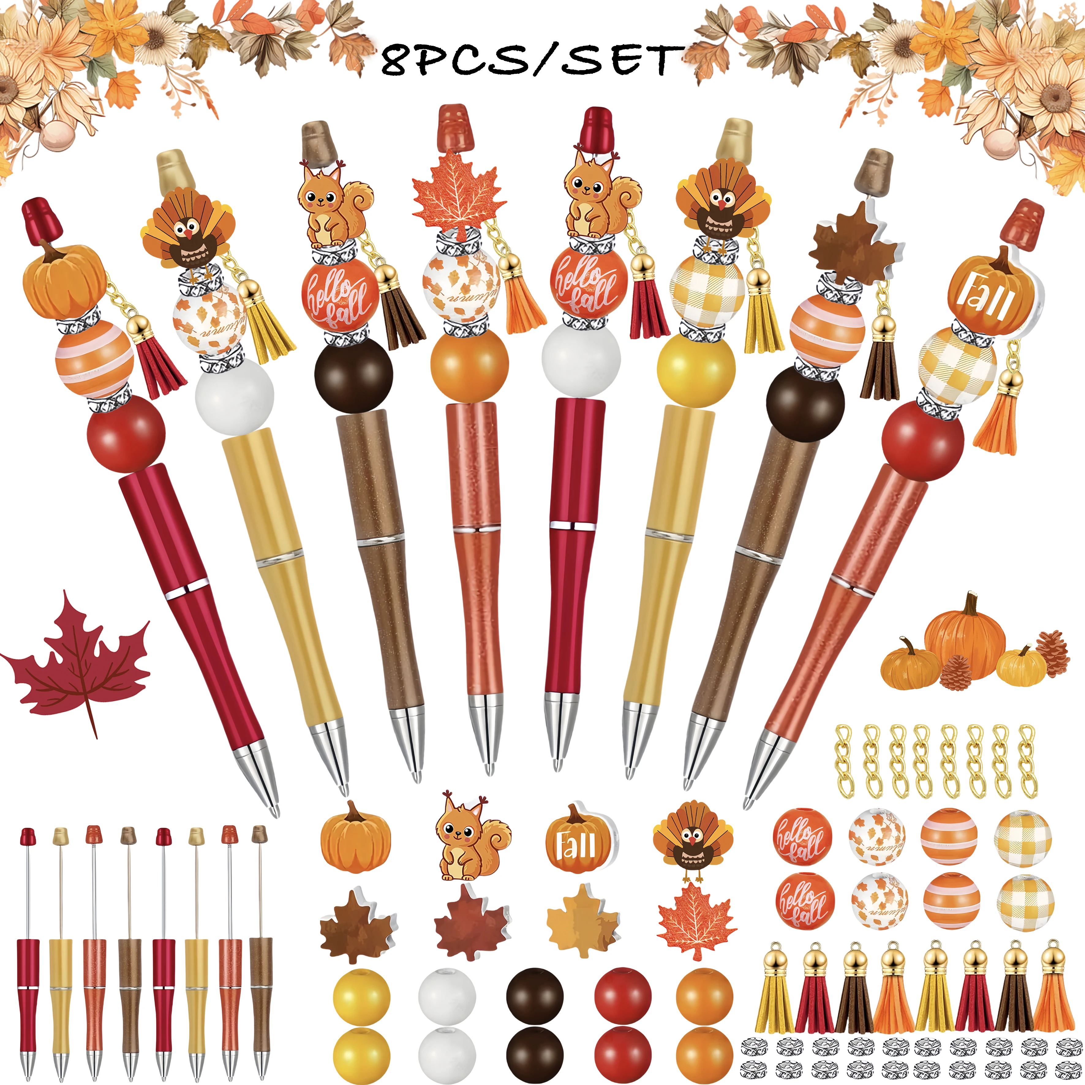 

Thanksgiving DIY Bead Pen Kit, 8PCS Fall Turkey Squirrel Acorn Pumpkin Maple Leaf Beads Fringe Set,, Creative Craft for Gift