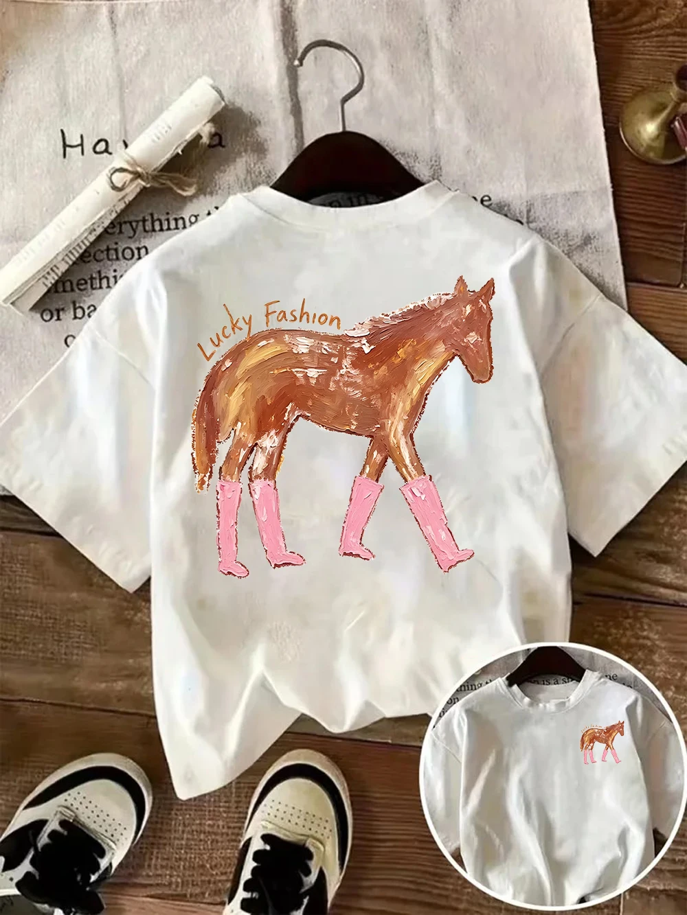 Pferde-Print Damen-T-Shirt Niedliche Rosa Stiefel Pony Grafik-T-Shirt Lässiges Oversize Kurzarm Sommer-Oberteil Vintage Harajuku Tier-Shirt – Detail 4