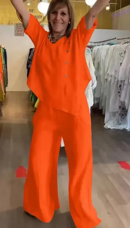 Loose Casual Cotton Linen 2 Piece Set Fashion Solid Round Neck Half Sleeve Button Pullover Top Elastic Waist Wide Leg Pants Set