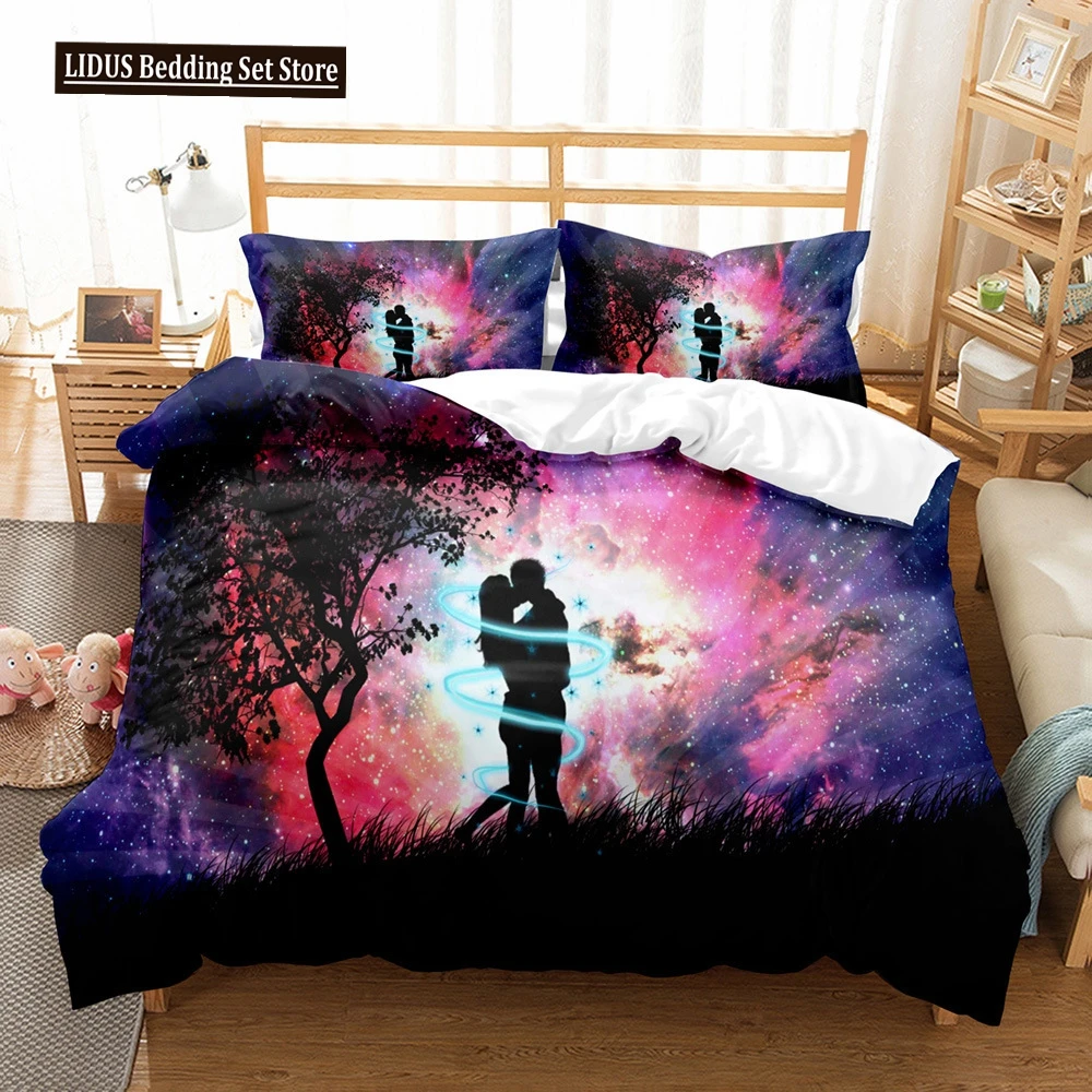 Love Duvet Cover Set Couple Hug Romantic Theme Tree Heart Shaped Polyester Comforter Cover King Full Size For Lover Bedding Set