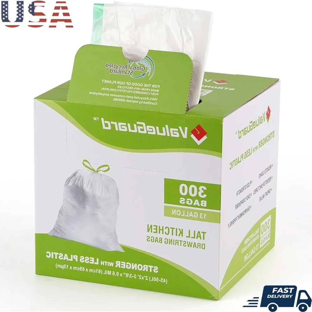 

Большая емкость, 13-галлонные мешки для мусора на шнурке, экологически чистые мешки для мусора, прочные, толстые, 300 шт., для хранения в кухне и офисе