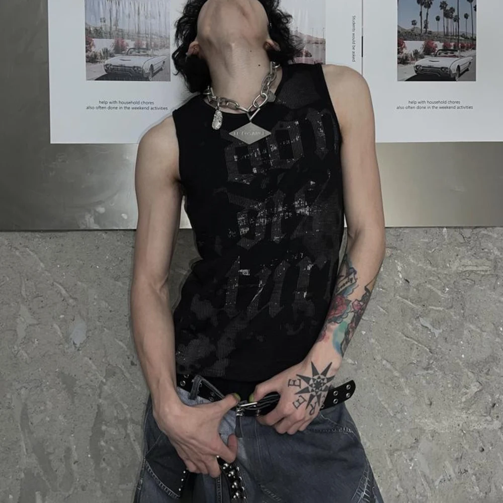 Summer New Men's Letter Print Sleeveless T-Shirt Unisex American Retro Fashion Trend Street Hip Hop Loose Casual Niche Men's Top