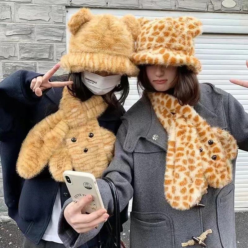 Bear Ears Plush Bucket Hats Winter Hat Scarf Two-piece Set Women Leopard Print Neck Protection Cold Proof Warm Cartoon Scarf