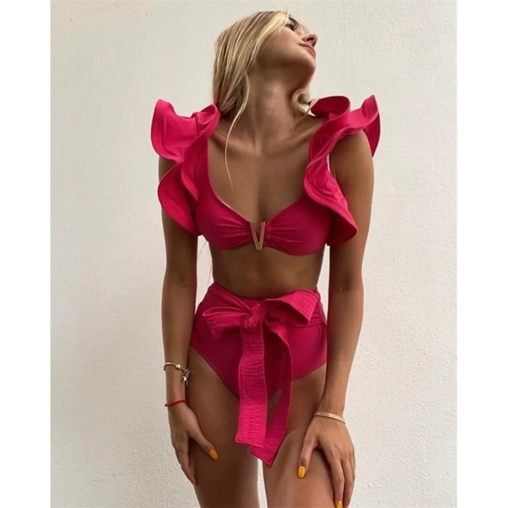 Conjunto de biquíni sexy babados em V sutiã push up feminino plissado vermelho maiô de cintura alta maiô de verão, moda praia, 2 peças de banho 2022