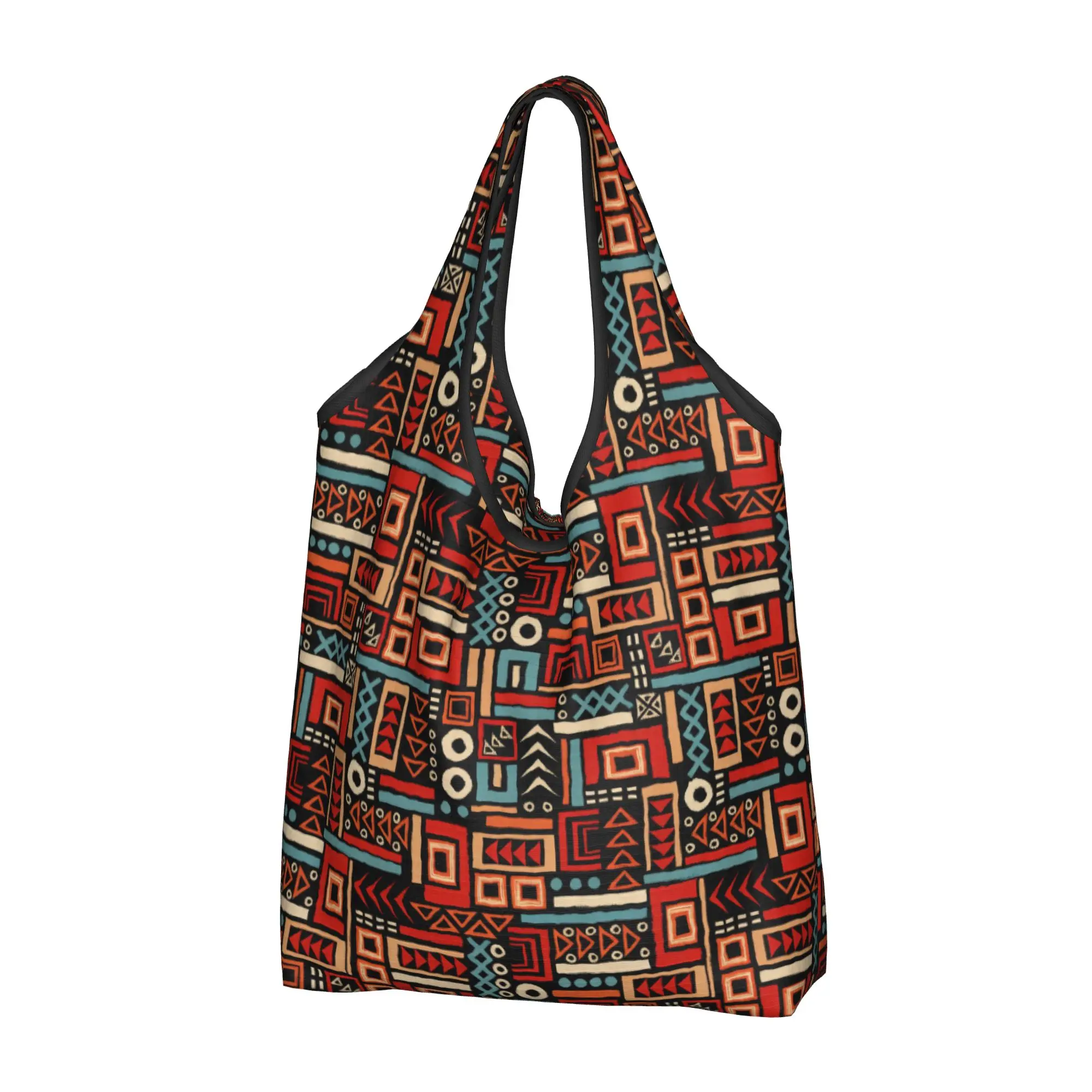 Geometric African Shapes  Groceries Shopping Bag Funny Shopper Shoulder Tote Bags Red Black Cream And Orange  Handbag
