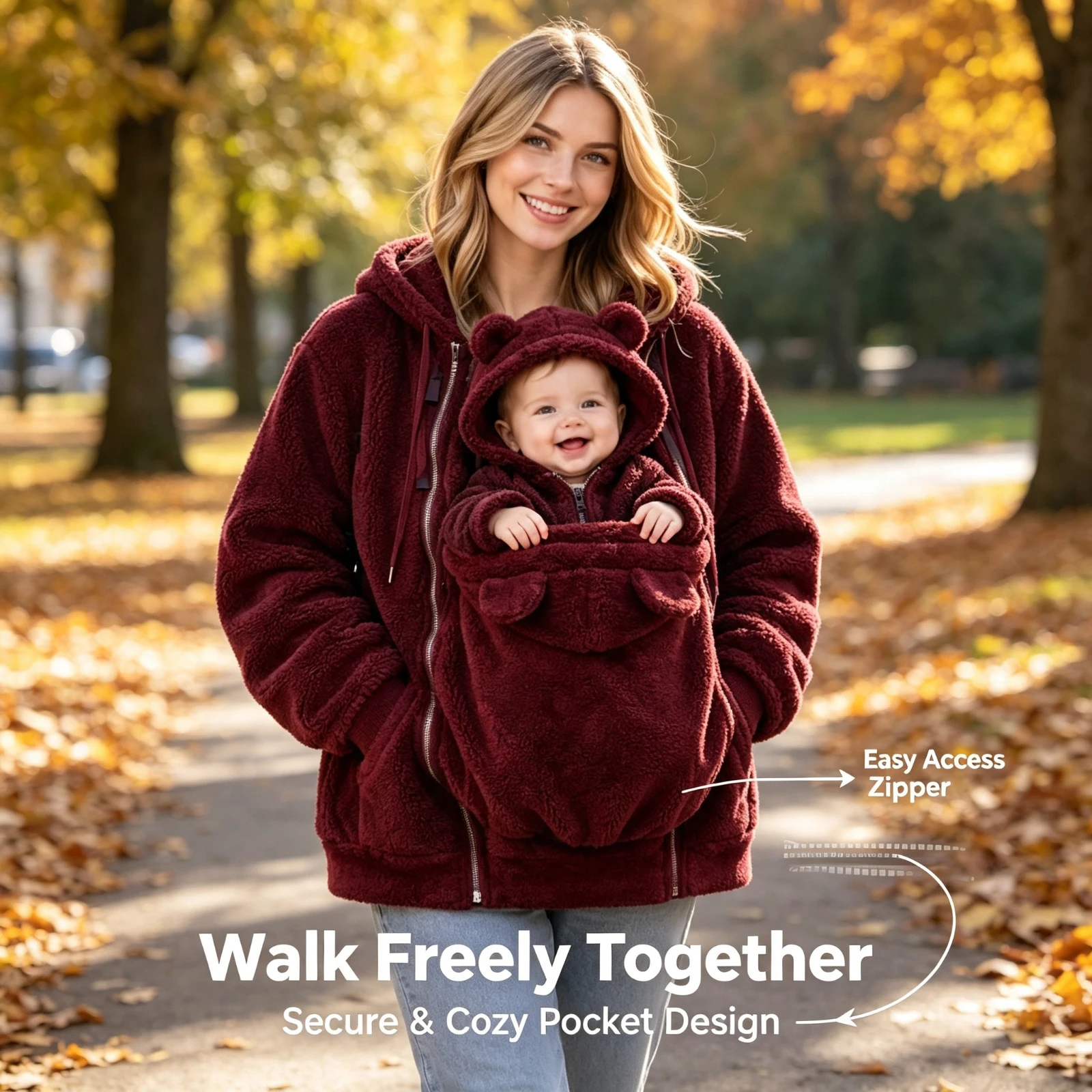 Sudadera con capucha de forro polar para mujer, con bolsillo tipo canguro, chaqueta de felpa cálida para llevar al bebé, conjunto de ropa a juego para padres e hijos en invierno, abrigo para mamá y bebé.
