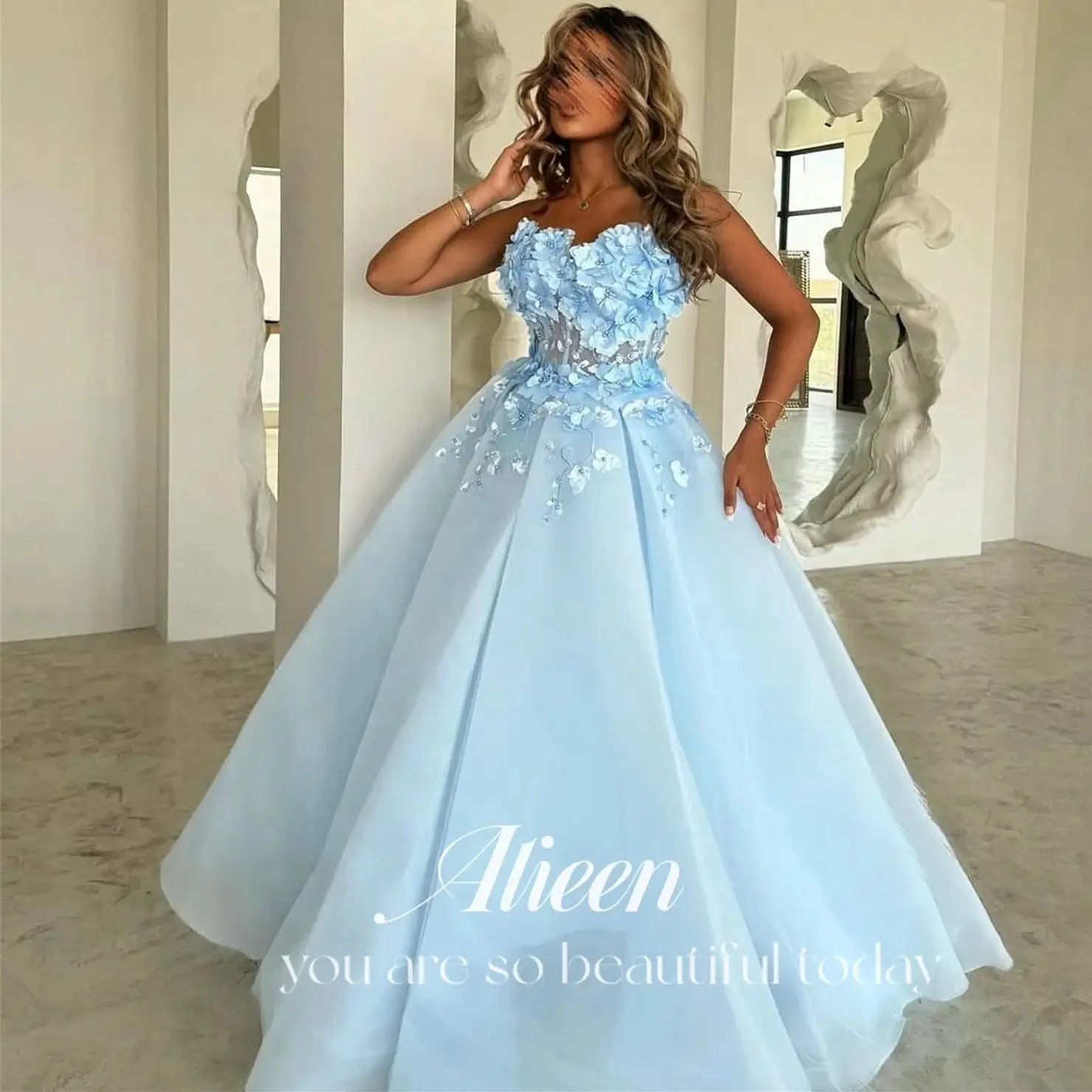 

Aileen Off the Shoulders A-line 3D Flowers Customized Sky Blue Chubby Elegant Party Dresses 2024 for Wedding Evening Woman Gala