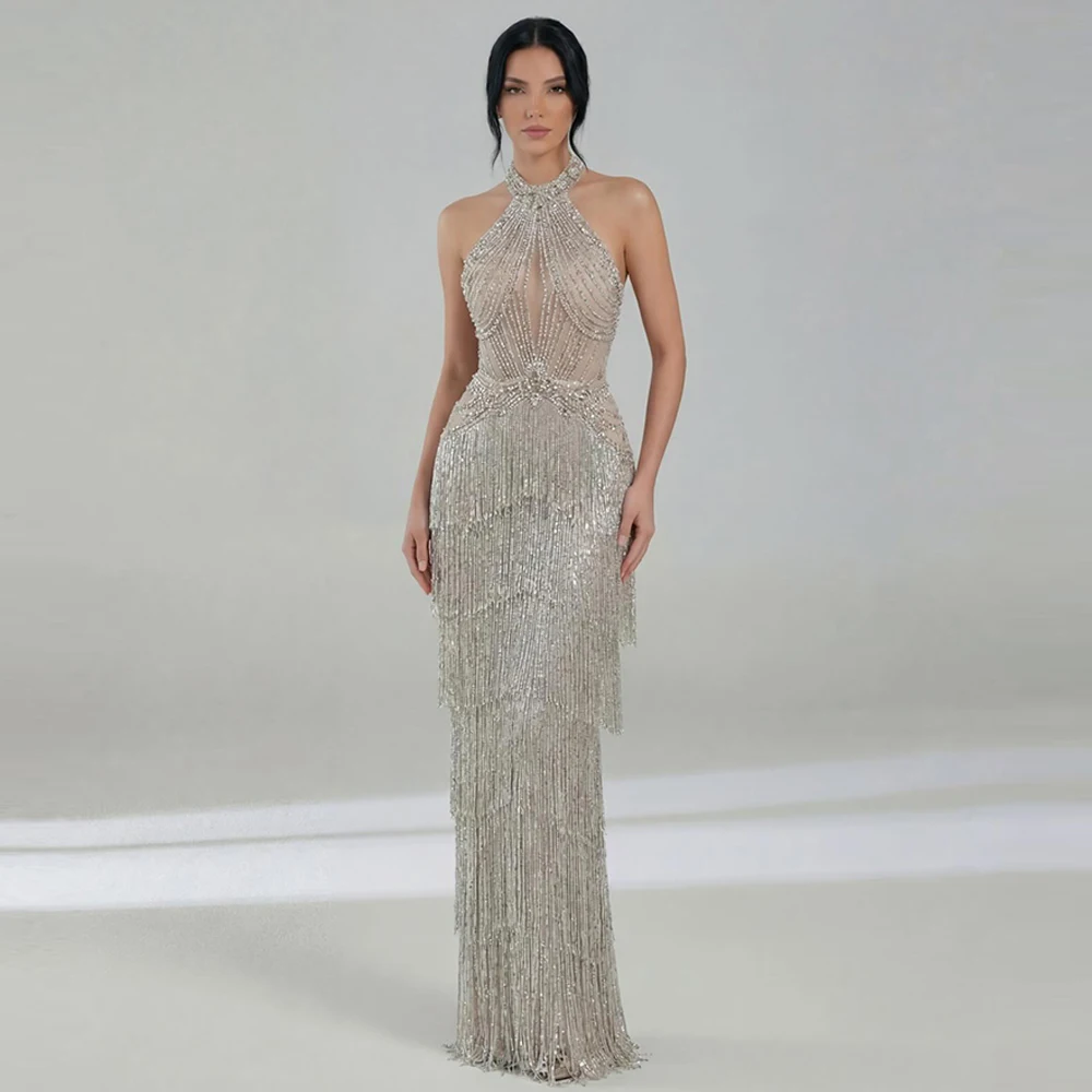 Exquisite Mermaid Evening Dress Temperament Halter Sleeveless Crystal Customized Celebrity Gowns  See Through Tassel Party Gown