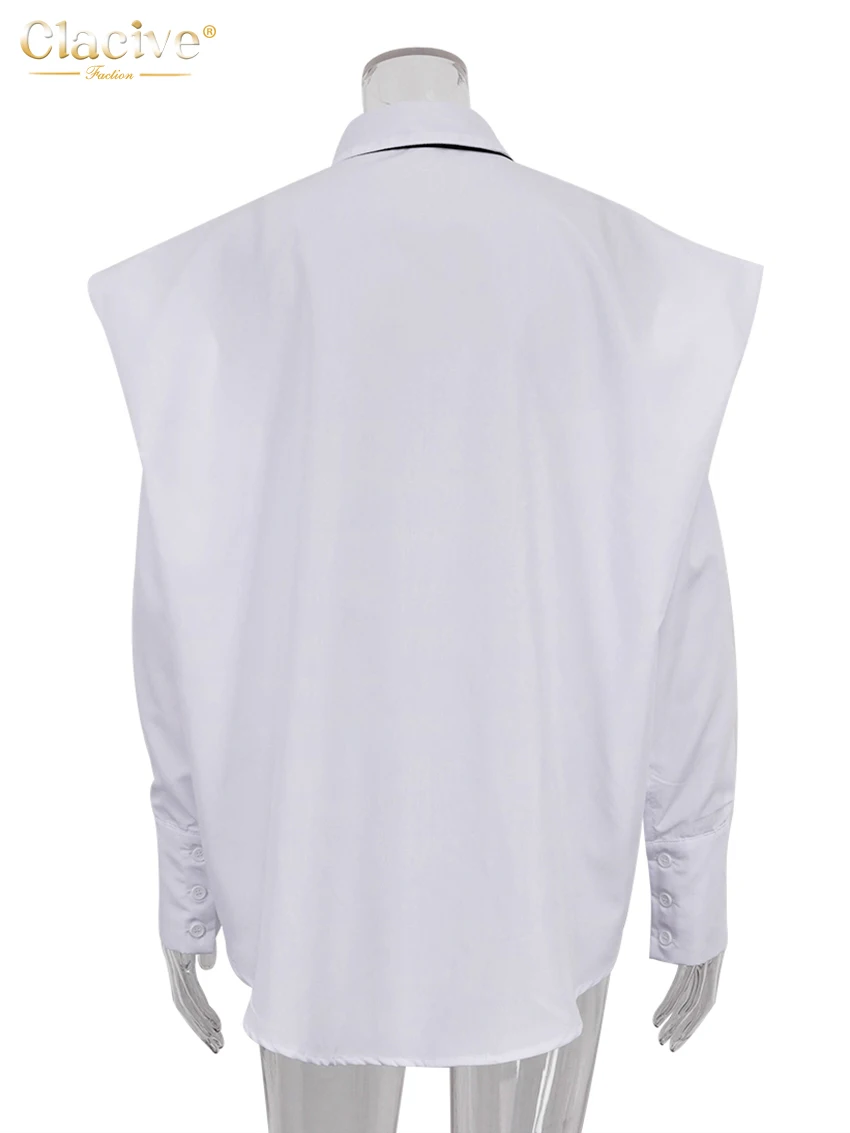 Clacive-Blusa de manga comprida feminina com bolso, camisa lapela elegante, streetwear feminino, top branco, roupas da moda, 2023