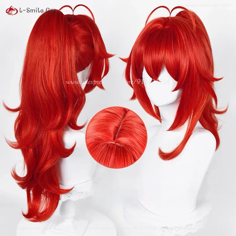 Diluc Ragnvindr Wig Game  Red Long Cosplay Wig With High Ponytail Heat Resistant Synthetic Hair Anime Wigs   Wig