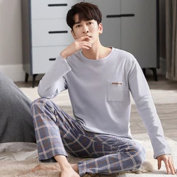 Two Pieces Set Men's Cotton Pajamas Set Long Sleeves Sleeping Top Pant Nightwear Big Size L-4XL Pyjamas Young Boy Pijamas Hombre