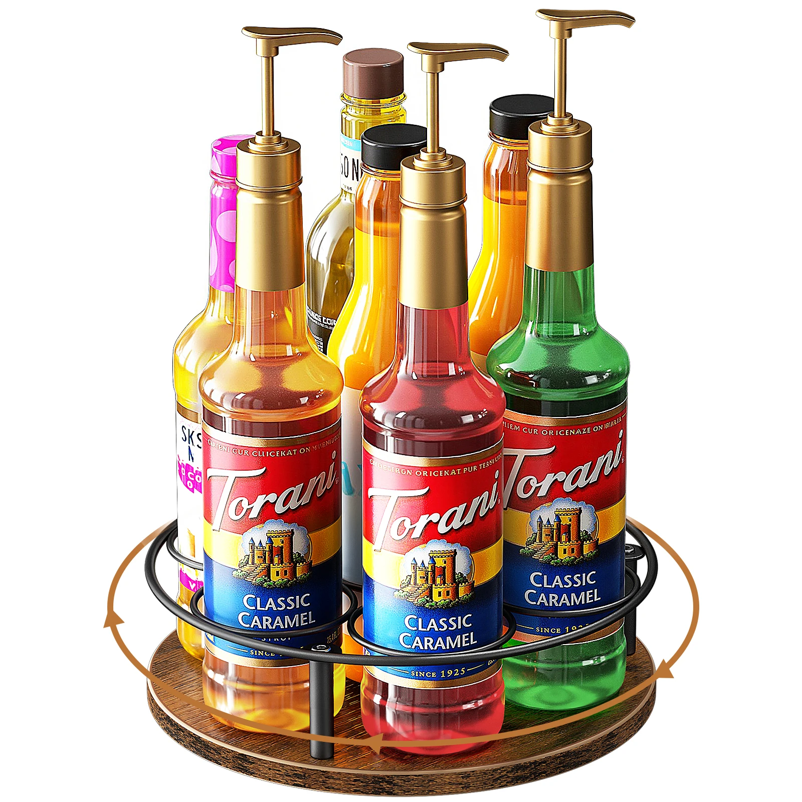 

Nuovoware Rotating Coffee Syrup Rack Coffee Syrup Rack Organizer Carbon Steel Frame with Wooden Base Bottle Holder