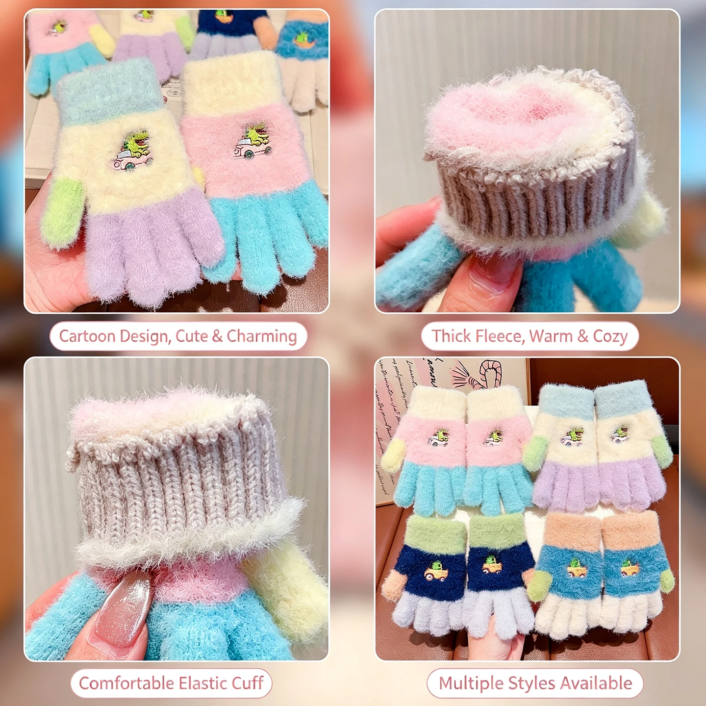 Kinder-Winterhandschuhe mit vollen Fingern, 6-10 Jahre, niedliche Cartoon-Dino-Stickerei, flauschige Plüsch-Wärmehandschuhe, Kinder-Outdoor-Kälteschutzhandschuhe – Detail 2