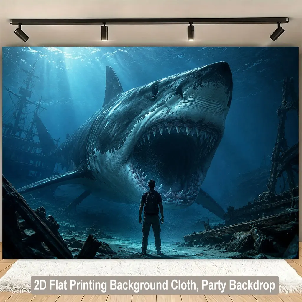 Giant Shark Shipwreck Deep Sea Diver Fantasy Tapestry 2D Flat Printing Wall Hanging Backdrop for Boys Room BedroomDecor OceanArt
