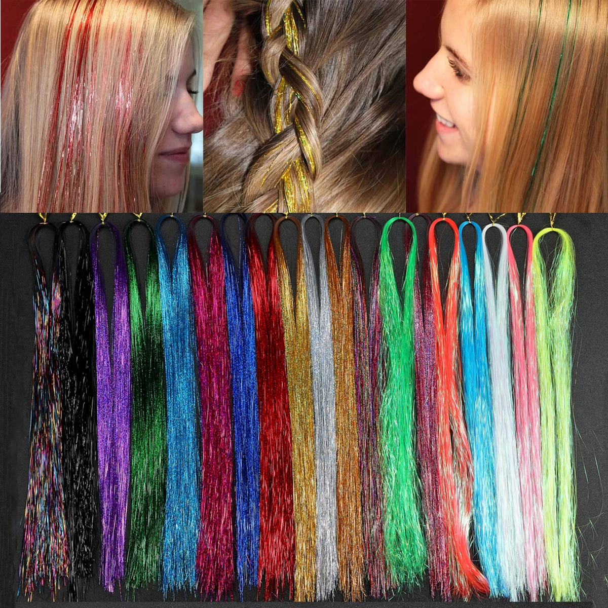 1Pc Shiny Sparkle Hair Tinsel Thin Colorful Rainbow Silk Hair Extensions Dazzles Women Hippie for Braiding Headdress Tools