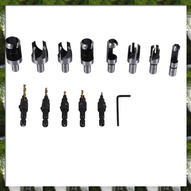 ใหม่ 14 ชิ้นไม้ปลั๊กเครื่องตัด Chamfered Plug เครื่องตัดเจาะ Bits ห้า - Slot Countersink เจาะ 1/4 นิ้ว Hex Spanner ชุดเครื่องมือ