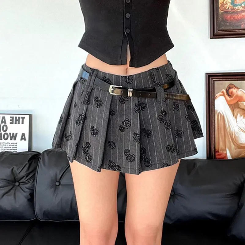 Pleated Skirt Rose Print Belt Low Waist Slimming American Women 2024 Summer New Hot Girl Gray Suit Mini Skirt