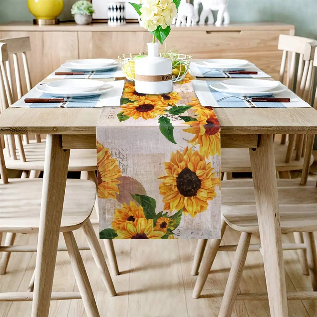 Sunflower Linen Table Runner Spring Flowers Dresser Scarf Table Runner Kitchen Family Dinner Banquet Wedding Holiday Party Decor