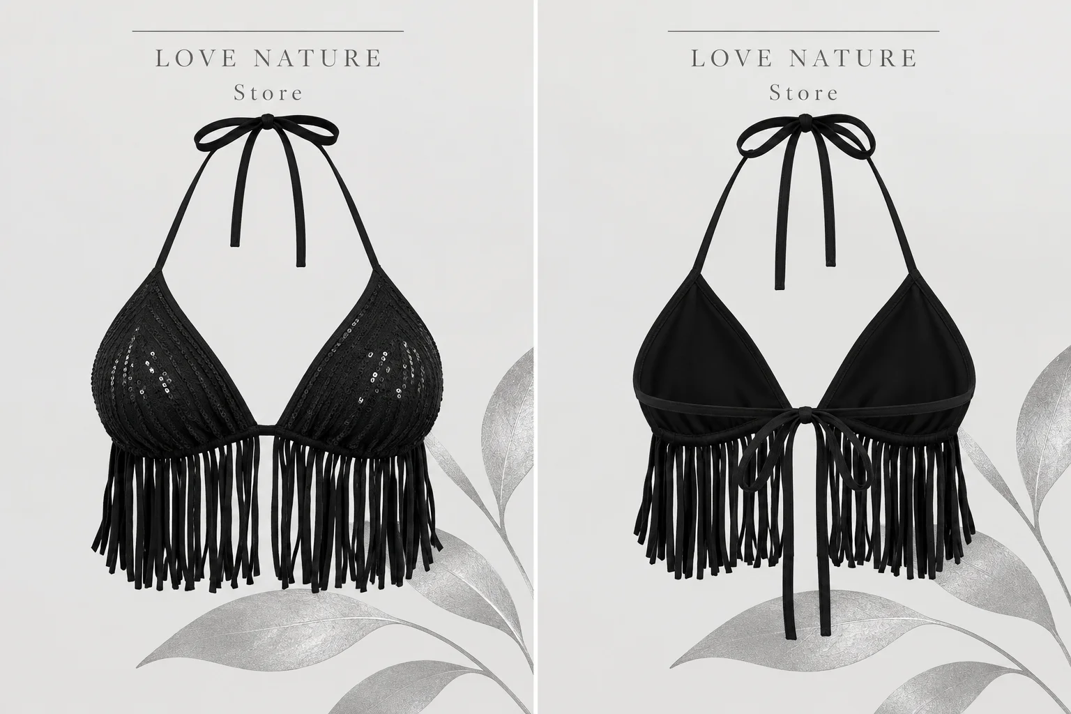 【LOVE NATURE Store】Women's Sexy Black Sequin Fringe Halter Crop Top, Backless Tie Up Bikini Bra Top, Y2K Festival Party Clubwear