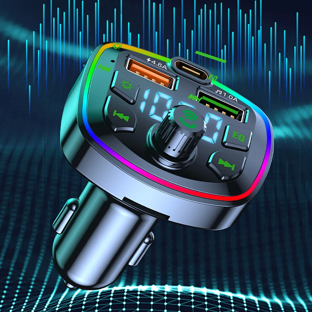 4.8A/3.1A Car Hands-Free Bluetooth-compaitable 5.0 FM Transmitter 2 Fast MP3 Player Audio Receiver Type-C Dual USB Car Charger