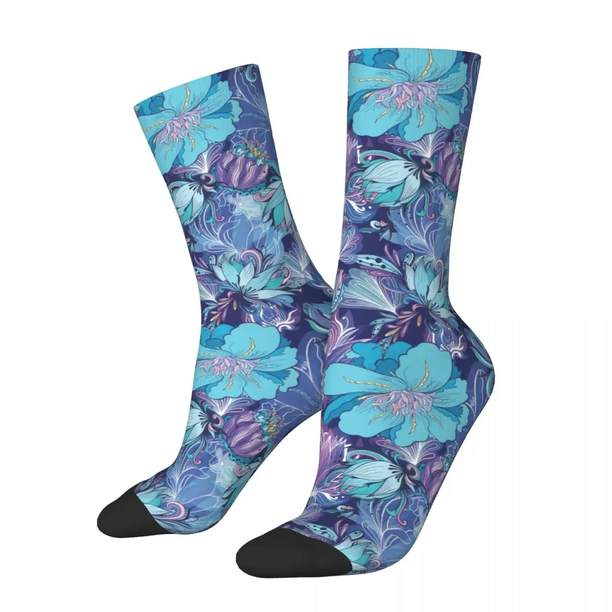 Floral Doodle Lily Lotus Peonies Dark Blue Socks Male Mens Women Summer Stockings Hip Hop