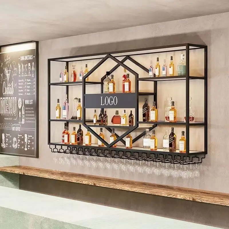Restaurant bar bar wrought iron red wine wall hanging wine rack creative wine cabinet wall mounted shelf display shelf on the