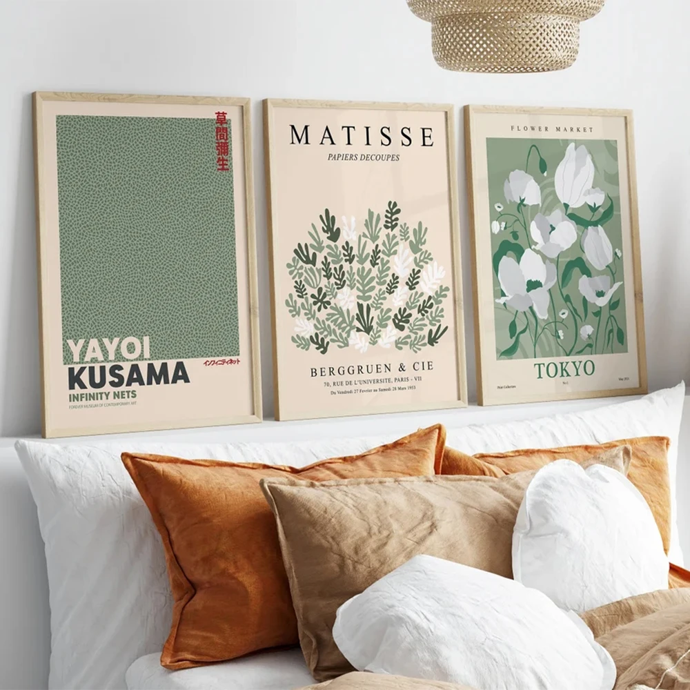 3pcs Modern Nordic Sage Green Flower Market Matisse Yayoi Kusama Wall Art Canvas Painting Posters For Living Room Home Decor