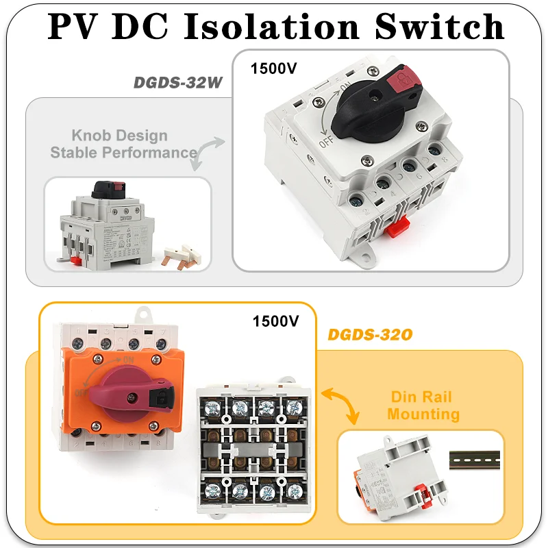 

High Safety DC PV Photovoltaic Isolation Switch 1500V 4P DGDS - 32 Din Rail Mount Rotating Handle CE Fast Breaking Disconnector