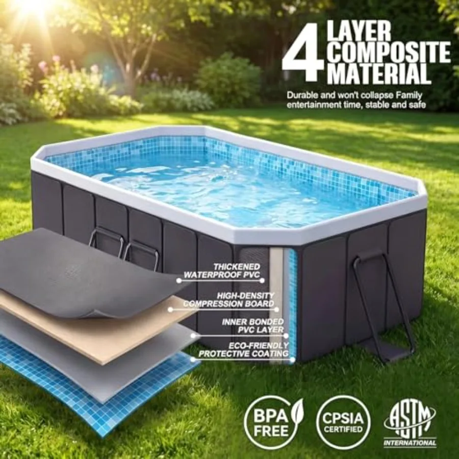 Foldable Pool for Family and Pets: Portable Hard-Sided Grey Dog Bath Tub with Reinforced Frame, Filter Port, Easy Drain, Non-In