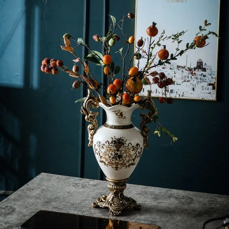 European Retro Double-ear Ceramic Trophy Vase High Grade Floor Vase Villa Living Room Desktop Flower Decorative Craft  Vases