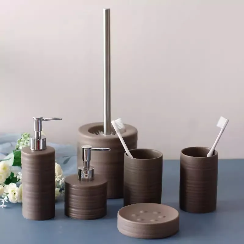 Brown Wash Set Ceramic Bathroom 6 Piece Lotion Bottle Soap Dish Mouth Cup Toilet Brush Home Accessories Toiletries