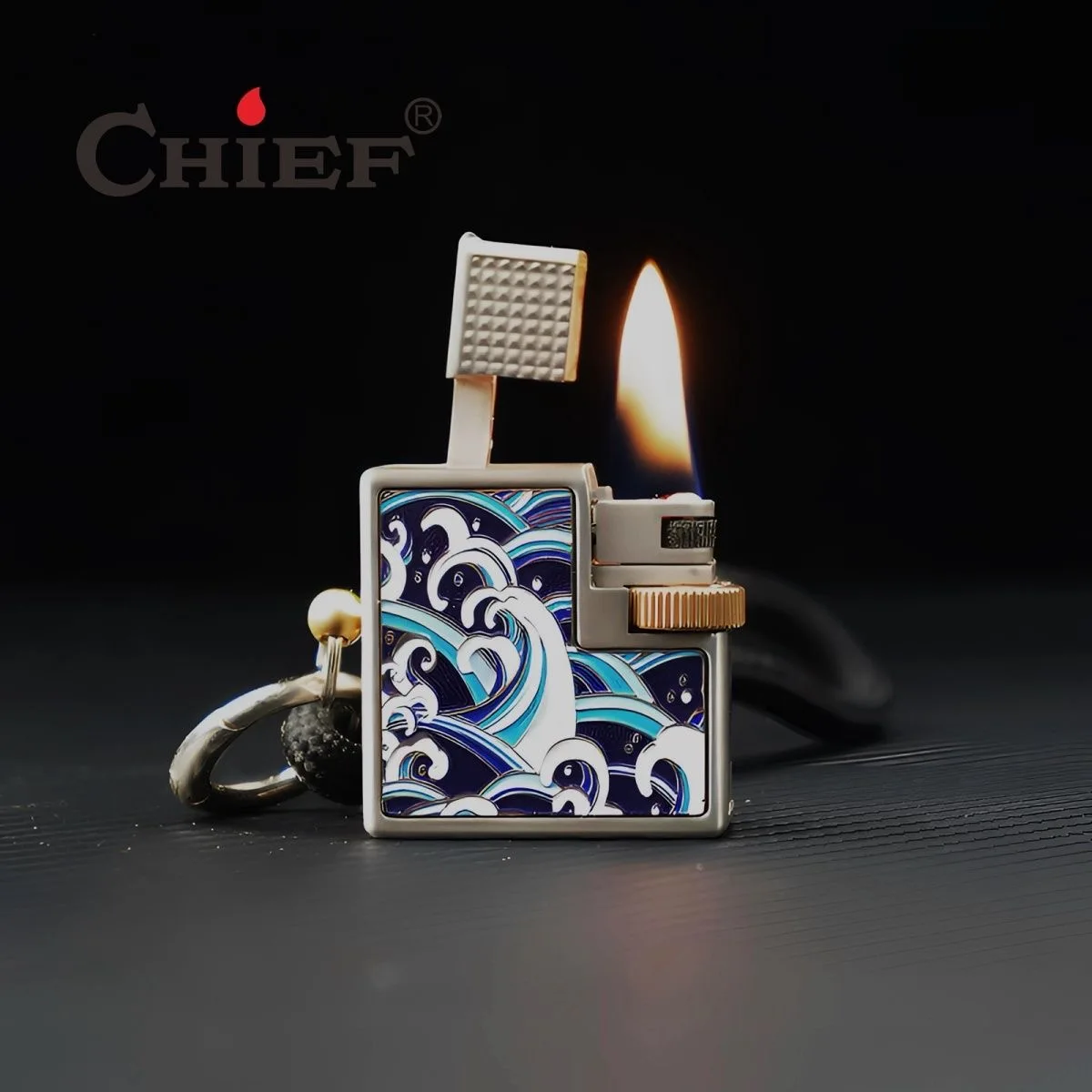 CHIEF retro mini small square brick kerosiene lighter, personalized wave pattern design, portable decorative lighter