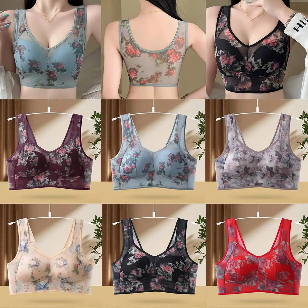 Printed Seamless Lingerie For Women's Plus Size Comfortable Mesh Without Steel Mesh Bra Fashion Anti Sagging Lifting Bra