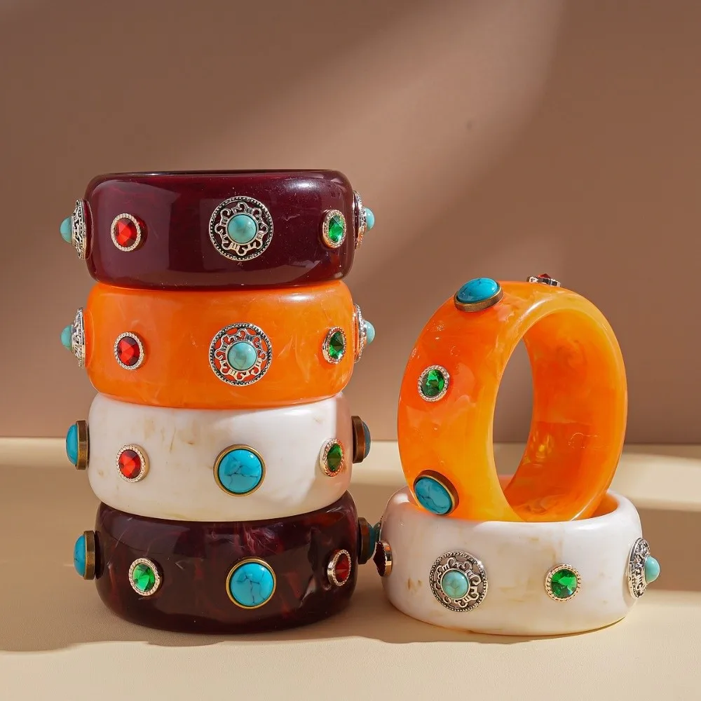 

Bohemian Turquoise Acrylic Bracelet Turquoise Wide Acrylic Rhinestone Bangle Europe American Style Jewelry Accessories
