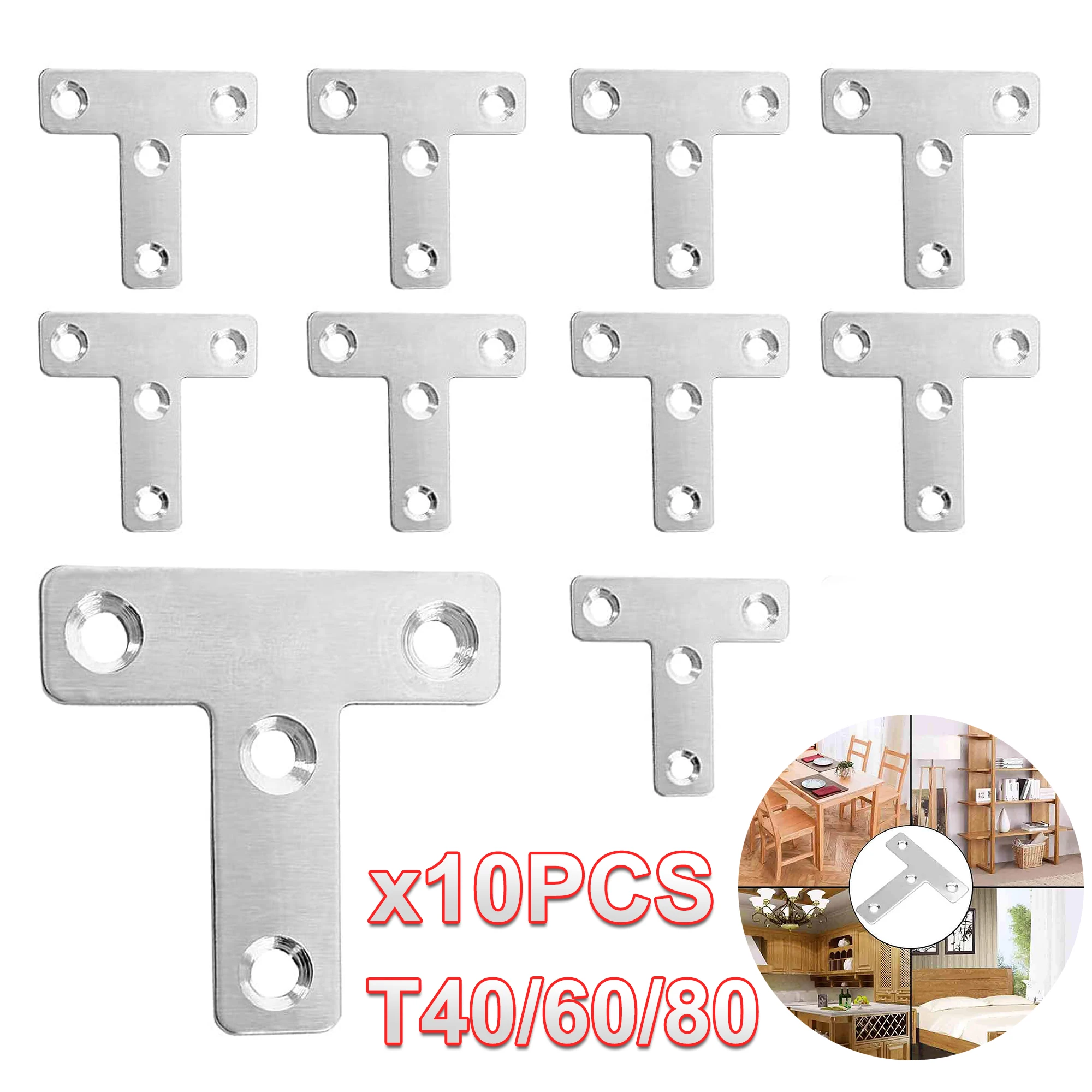 10Pcs T Corner Braces T Bracket Connector 40/60/80mm(1.6/2.4/3.2Inch) T Shape Flat Mending Plates Fixing Repair Plates