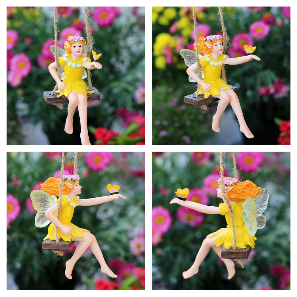 

Outdoor Tree Pendants Flower Fairy on Swing Statue Decor Small Garden Resin Scene Layout Prop Hanging Fairies Figurines