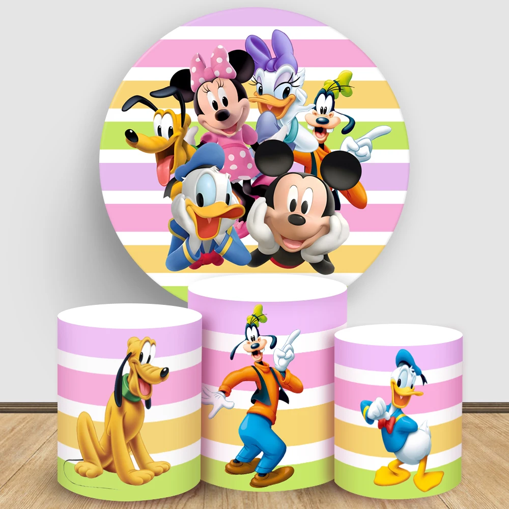 

Mickey Mouse Clubhouse Round Background Kids Birthday Party Backdrop Disney Elastic Cylindrical Cake Fabric Cover Photography