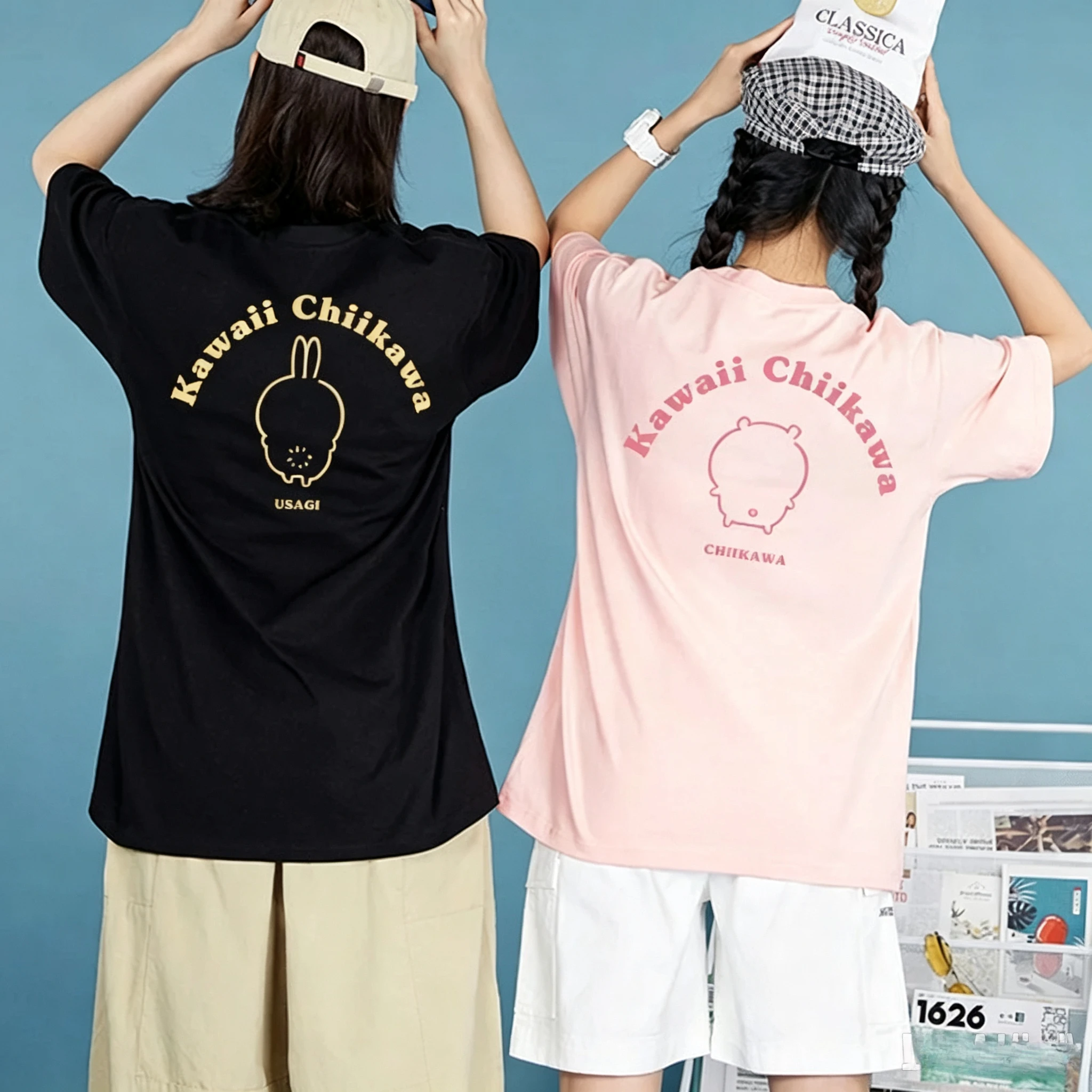 Kawaii Chiikawa Usagi Couple Matching T‑shirt Back Silhouette Print Casual Loose Short Sleeve Unisex Summer Tee Tops